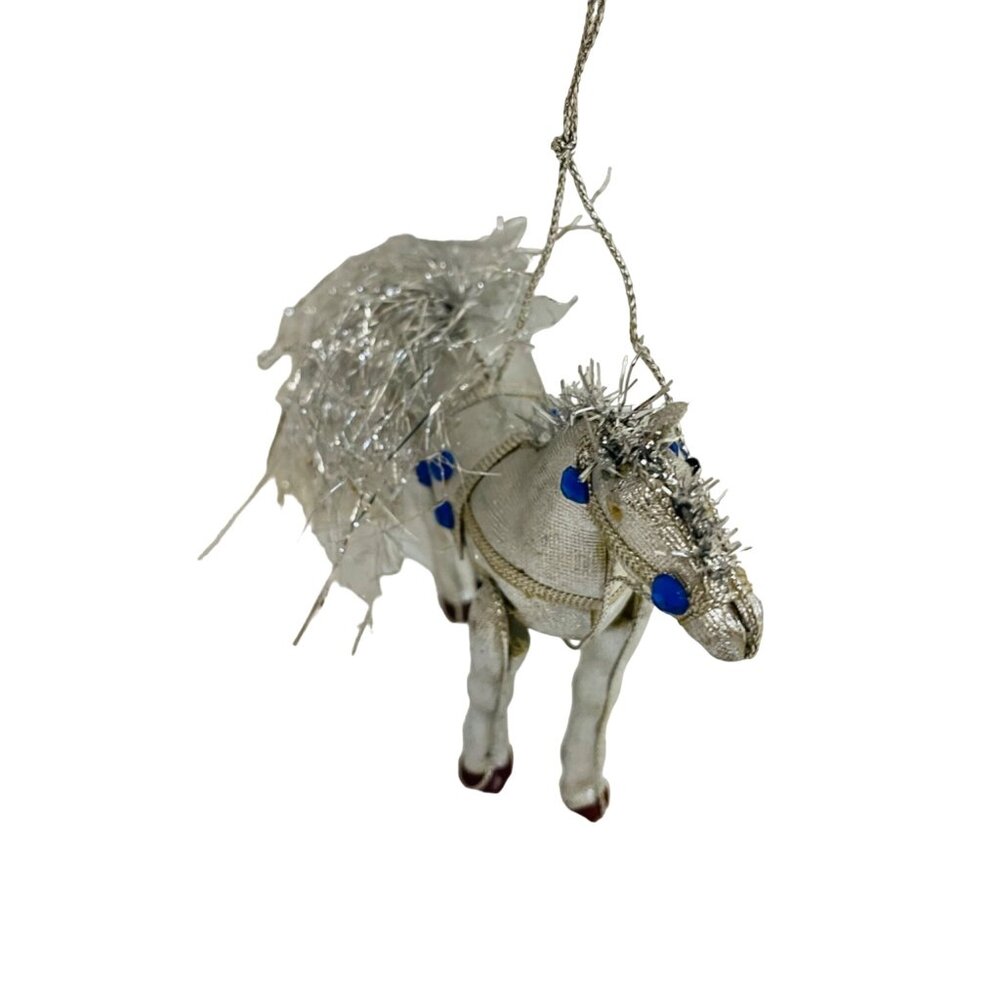 Vintage Silver Horse Ornament With Blue Gem Accents‎ 3"
